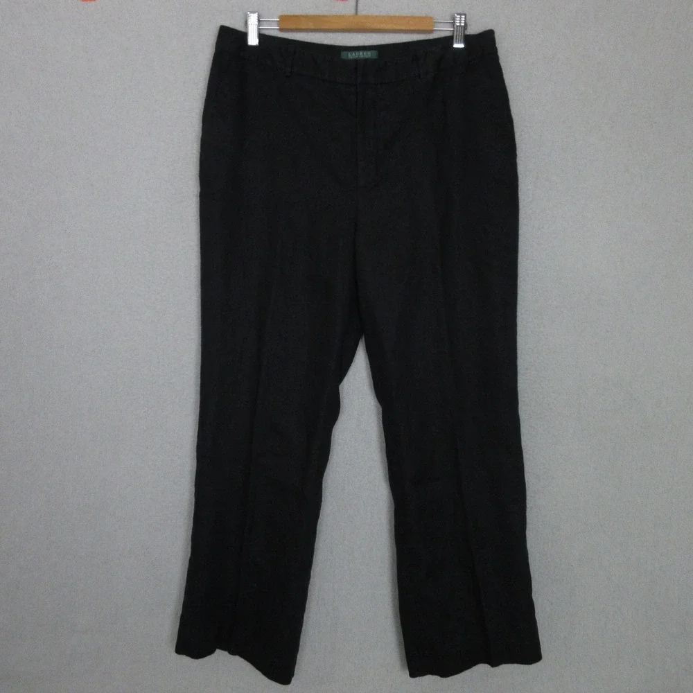 Lauren Ralph Lauren Womens 14 Black Linen Wide Leg Trousers Lined Dress Pants